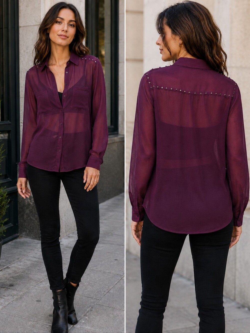 Cotton Candy Plum Sheer Button Down Blouse w/ Studded Shoulders | Size S